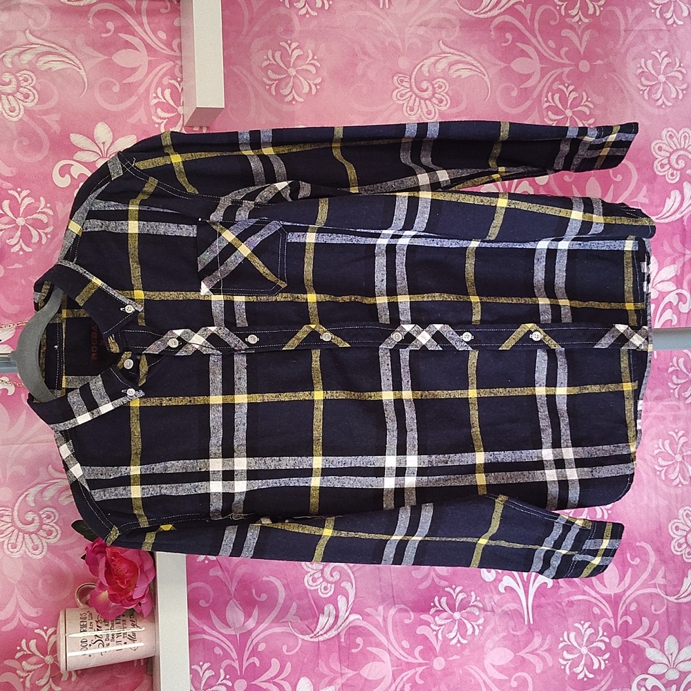 RQQBA Men's Blue and Yellow Plaid Shirt (NWOT)